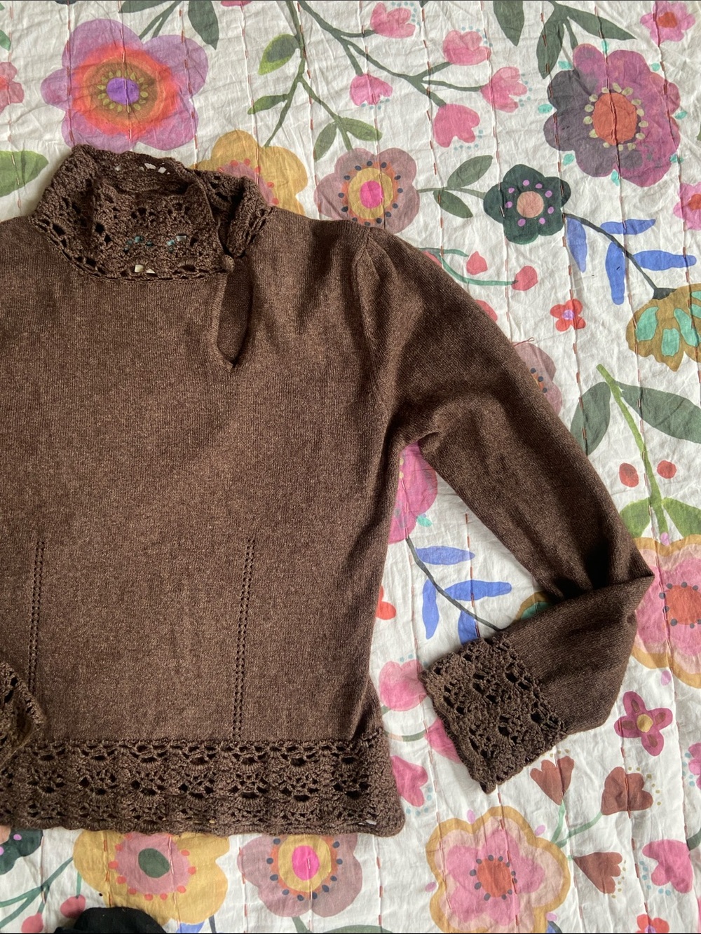 Vintage Y2k Chocolate Brown Lace-Trim Cashmere Sweater M - Picture 4 of 11